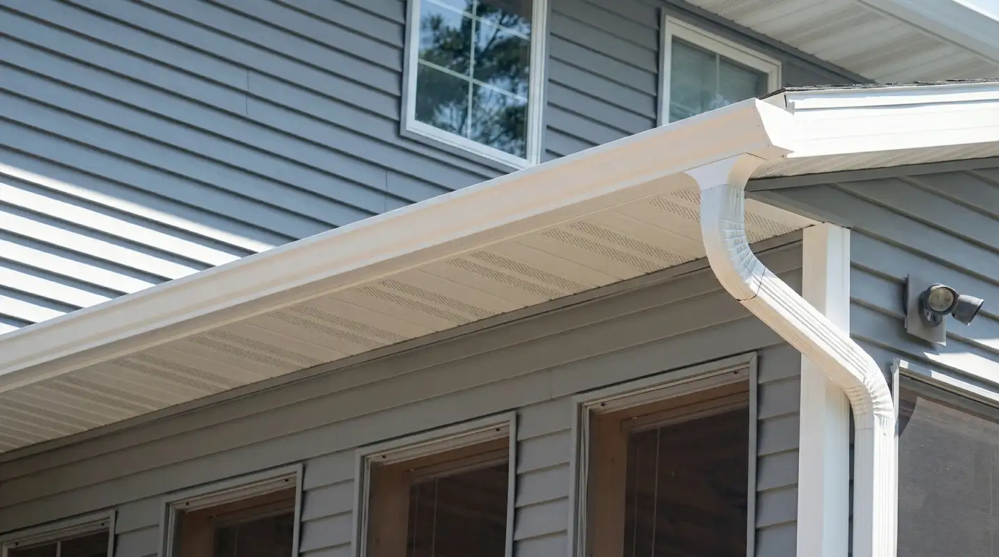 Professional home remodeling project showing newly installed white seamless gutters and downspouts on a house with gray siding in Jackson, MS