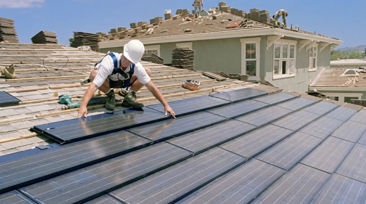 Roof replacement expert installing modern solar shingles on a residential home in Jackson, MS