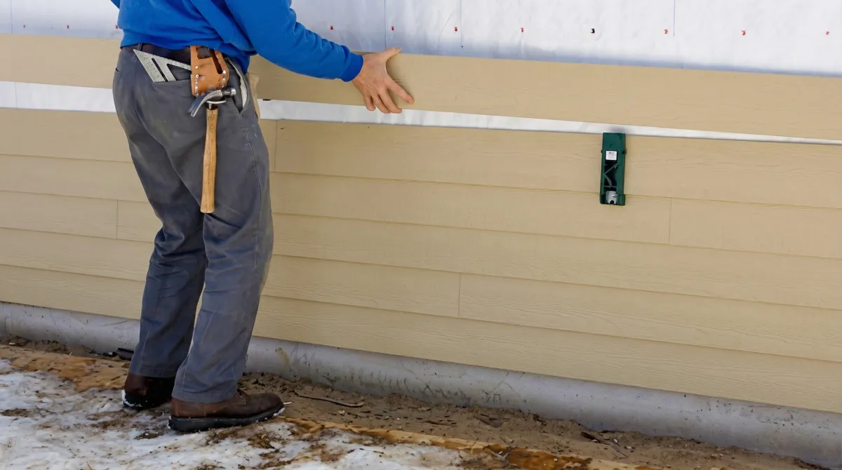 Siding replacement expert carefully aligning a new tan siding panel onto a residential exterior wall in Jackson, MS