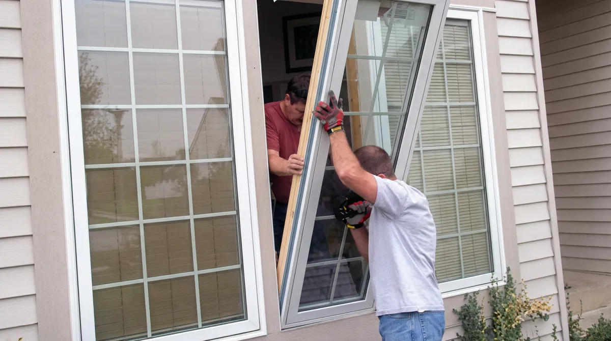 Professional home remodeling team installing a large replacement window on a house with tan siding in Jackson, MS